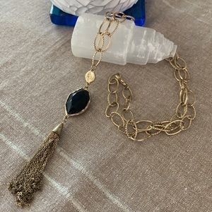 Gold tone chain link necklace with black stone & tassel 20" long